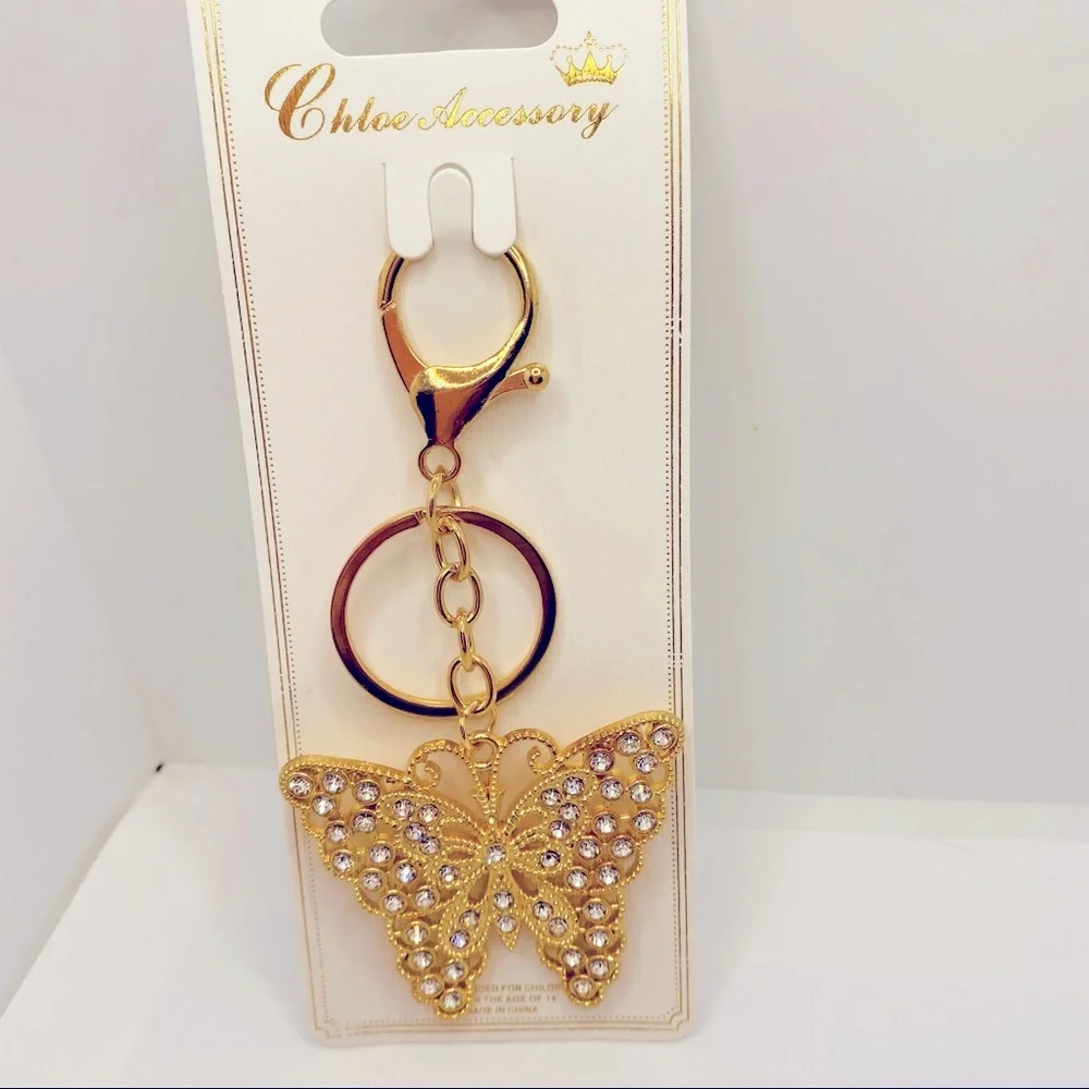 NWT Purse Charm Key Chain Crystal Butterfly in golden